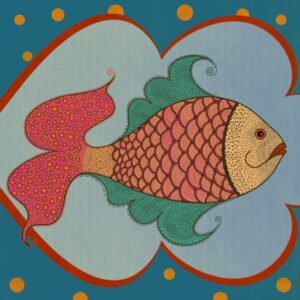 “Folk Fin Funk” - Indian Gond art style Fish in retro world - hand drawn design