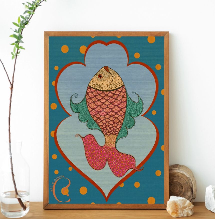 “Folk Fin Funk” - Indian Gond art style Fish in retro world - hand drawn design - Image 2